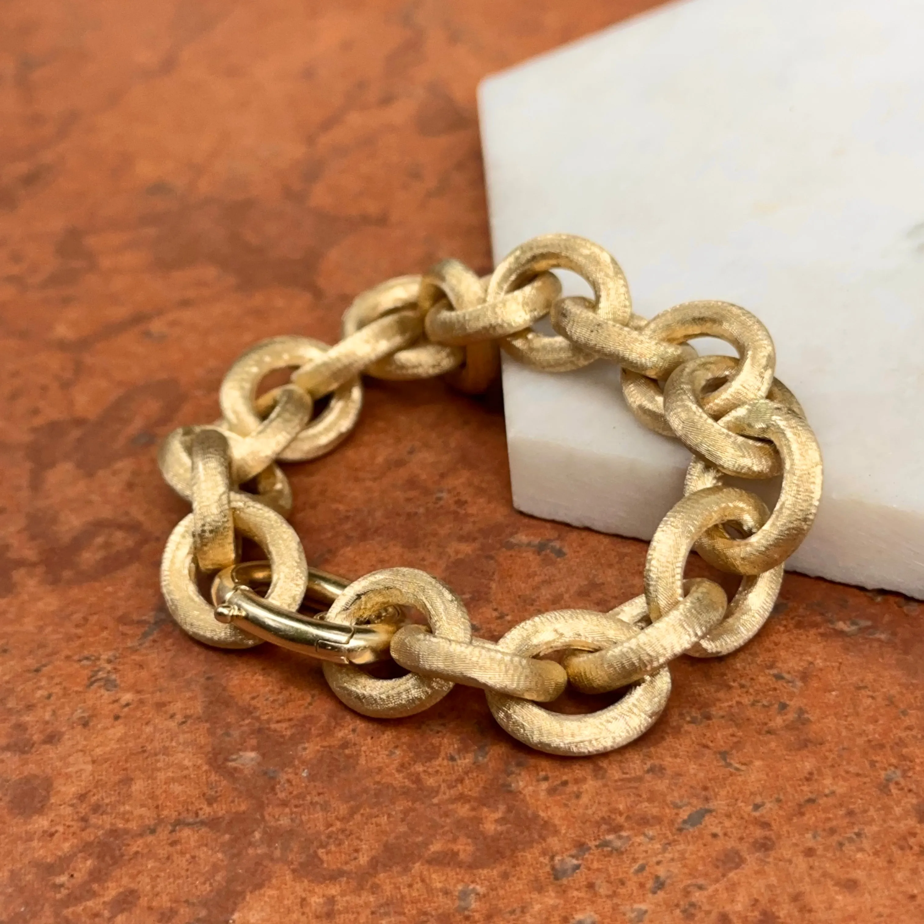 Estate 14KT Yellow Gold Matte Finish 13mm Rolo Chain Bracelet