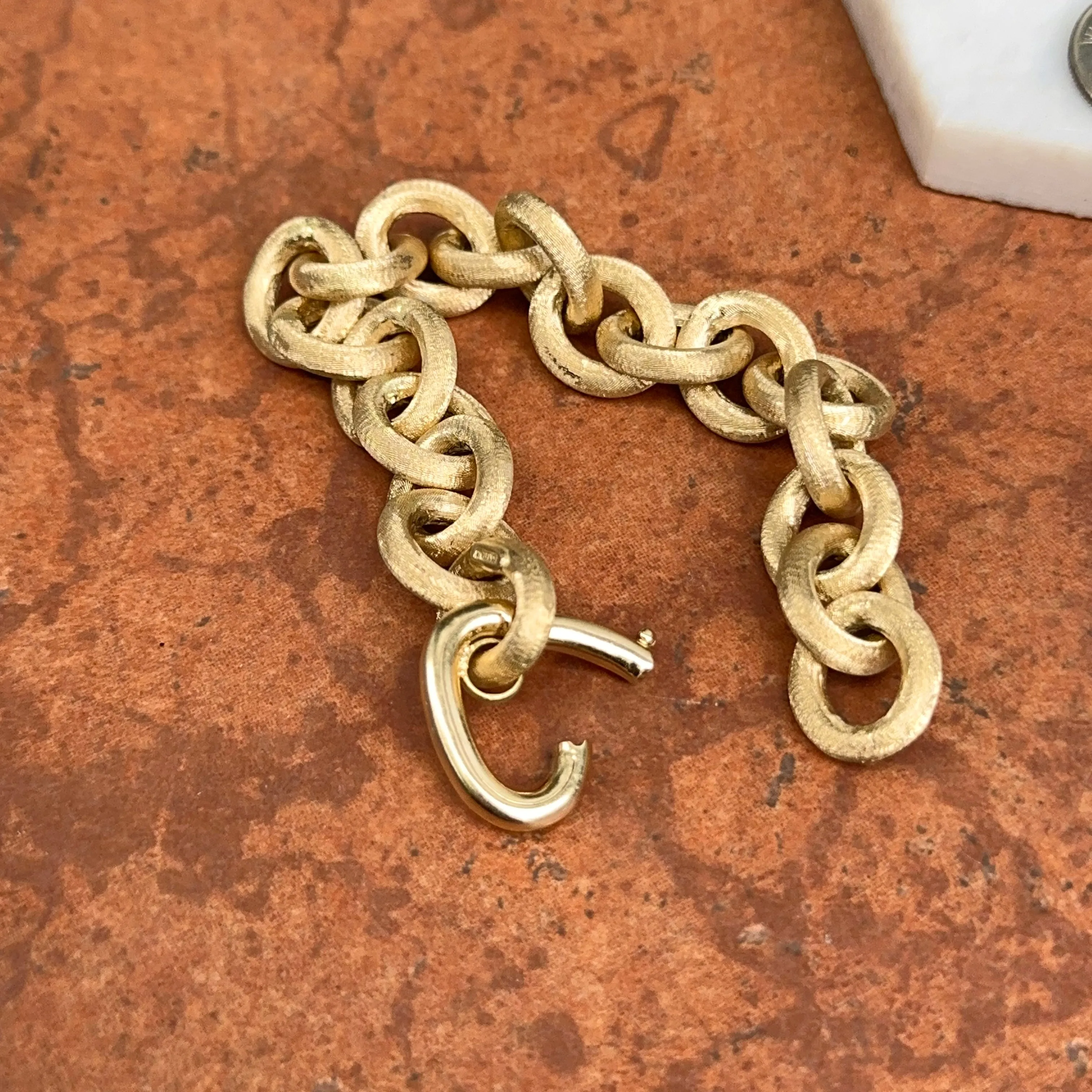 Estate 14KT Yellow Gold Matte Finish 13mm Rolo Chain Bracelet