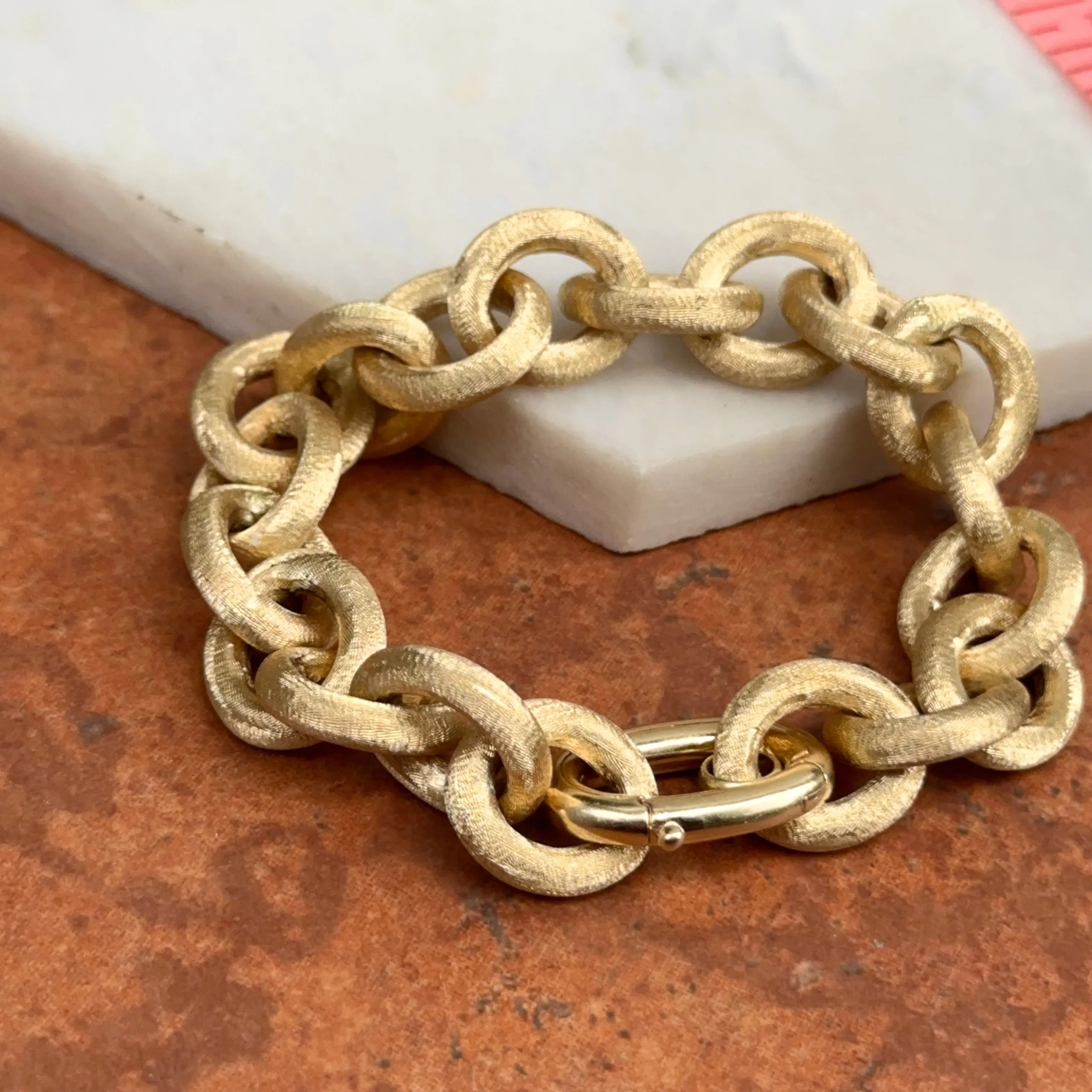 Estate 14KT Yellow Gold Matte Finish 13mm Rolo Chain Bracelet