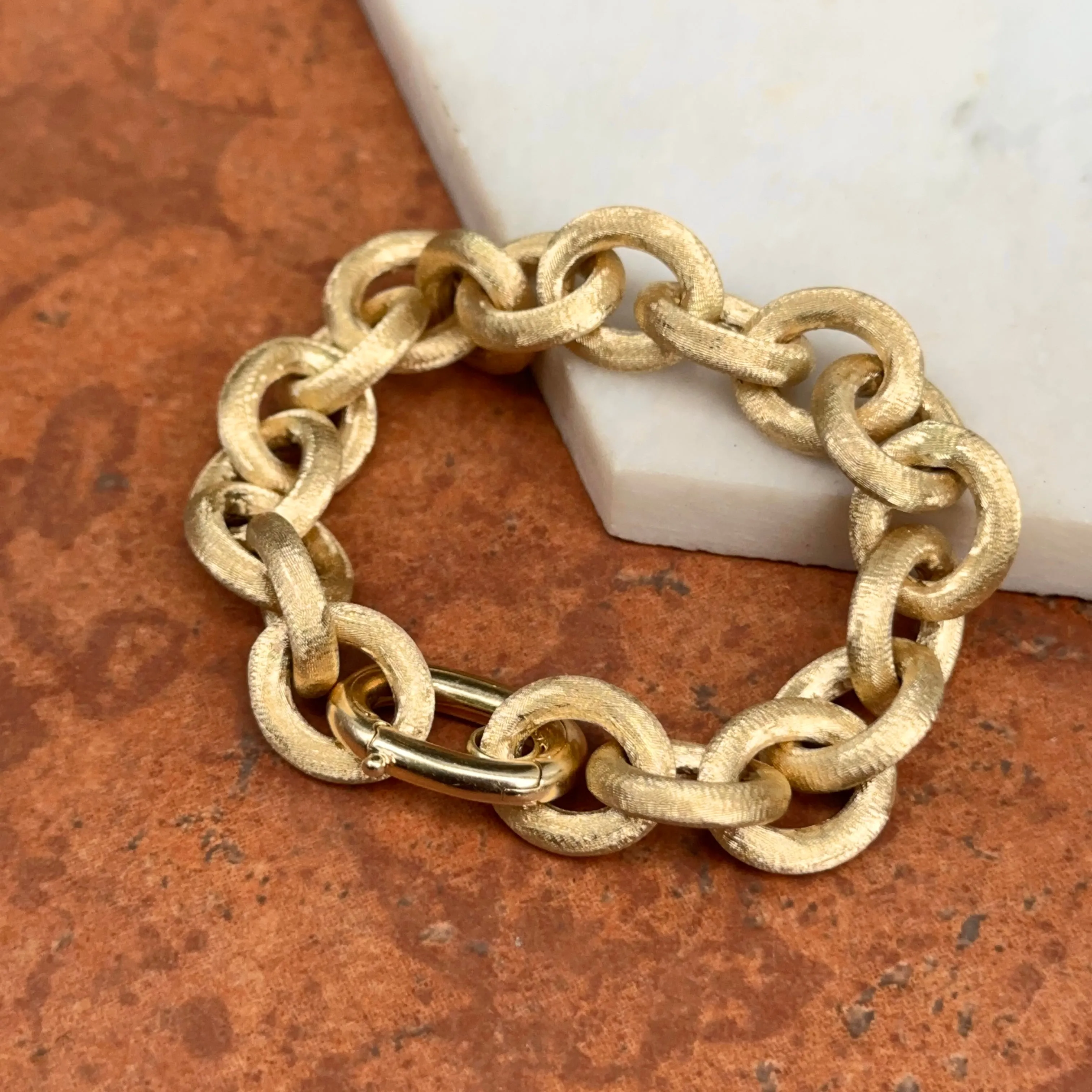 Estate 14KT Yellow Gold Matte Finish 13mm Rolo Chain Bracelet
