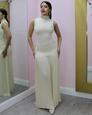 Feel Sexy HighNeck Rhinestone Pleaded Maxi Dress Vanilla
