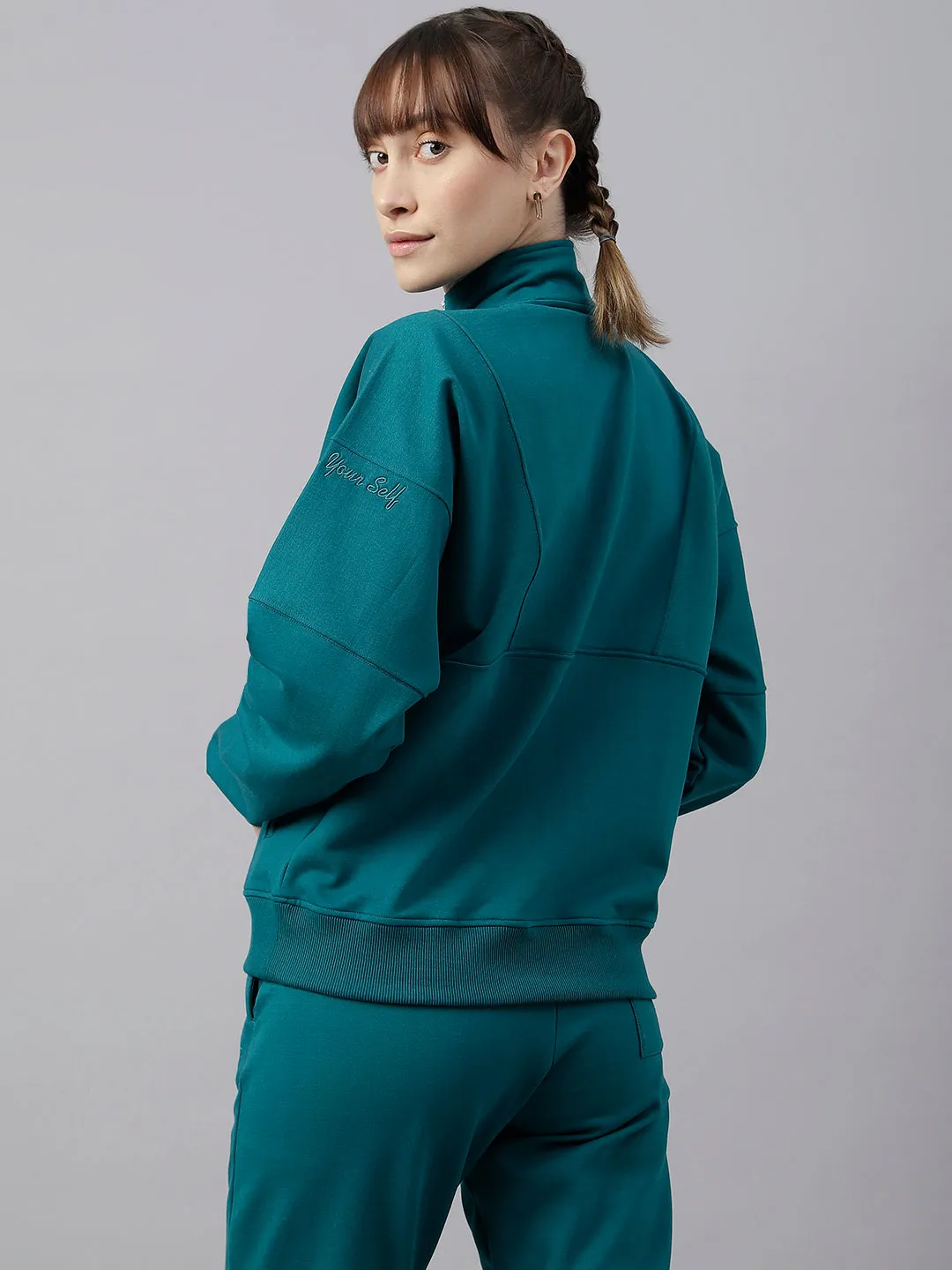 Fitkin Women Green Regular Fit Fleece Sweatshirt