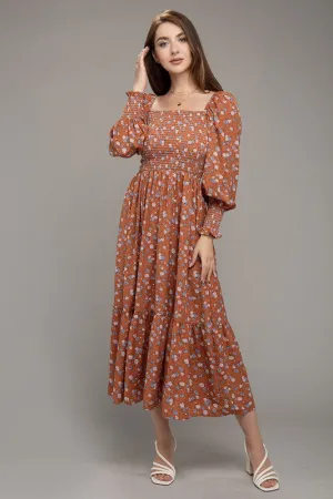 Floral Print Shirred Ruffle Hem Dress
