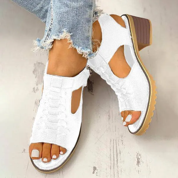 Funfany Peep Toe Cutout Zipper Chunky Heeled Sandals