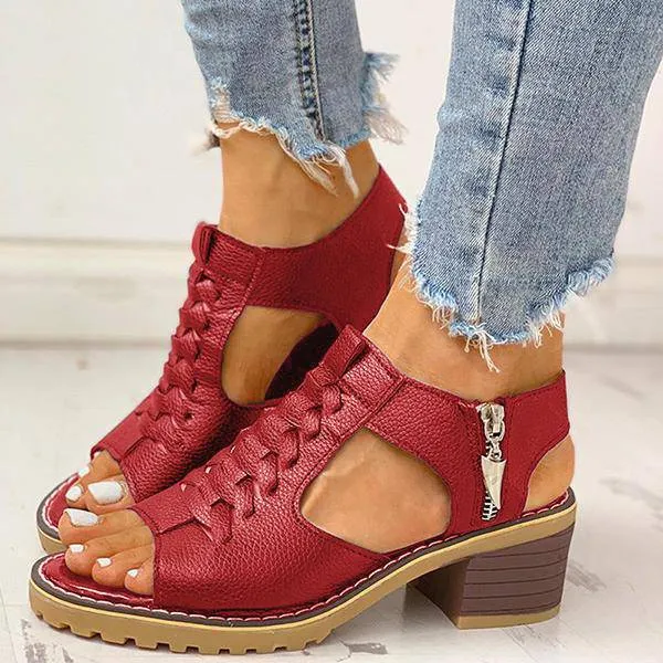 Funfany Peep Toe Cutout Zipper Chunky Heeled Sandals