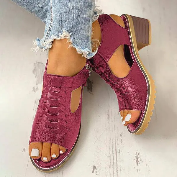 Funfany Peep Toe Cutout Zipper Chunky Heeled Sandals
