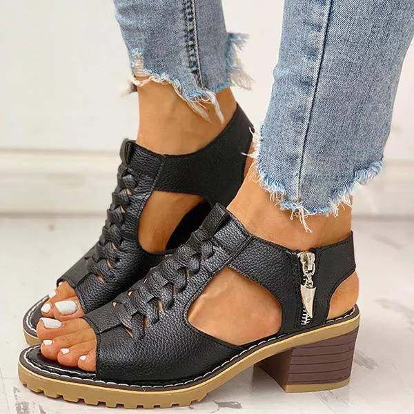 Funfany Peep Toe Cutout Zipper Chunky Heeled Sandals
