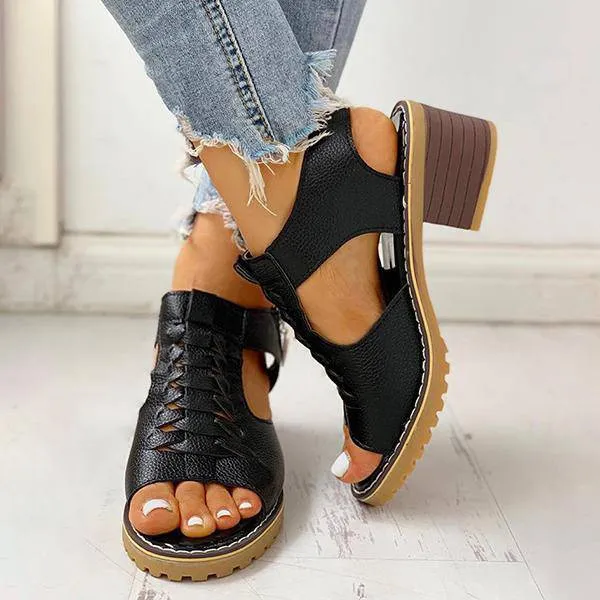 Funfany Peep Toe Cutout Zipper Chunky Heeled Sandals