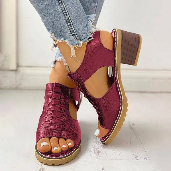 Funfany Peep Toe Cutout Zipper Chunky Heeled Sandals