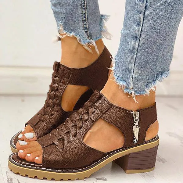 Funfany Peep Toe Cutout Zipper Chunky Heeled Sandals