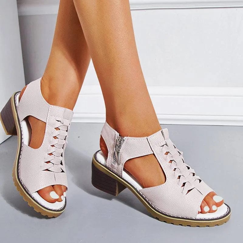 Funfany Peep Toe Cutout Zipper Chunky Heeled Sandals
