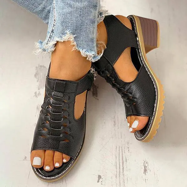 Funfany Peep Toe Cutout Zipper Chunky Heeled Sandals