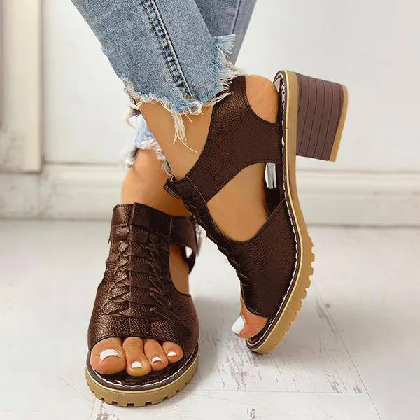 Funfany Peep Toe Cutout Zipper Chunky Heeled Sandals