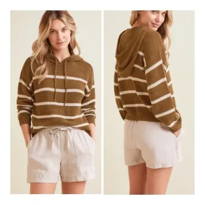 Garnet Hill Olive Green White Stripe Linen Blend Hooded Beach Sweater Coastal M