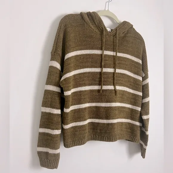 Garnet Hill Olive Green White Stripe Linen Blend Hooded Beach Sweater Coastal M