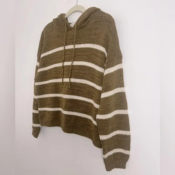 Garnet Hill Olive Green White Stripe Linen Blend Hooded Beach Sweater Coastal M
