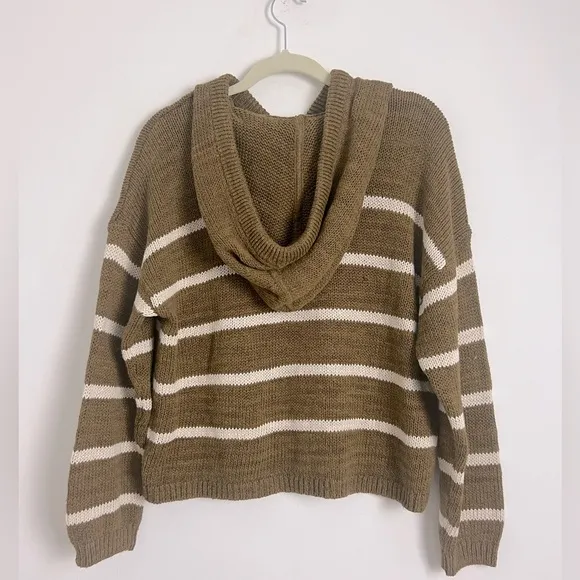 Garnet Hill Olive Green White Stripe Linen Blend Hooded Beach Sweater Coastal M