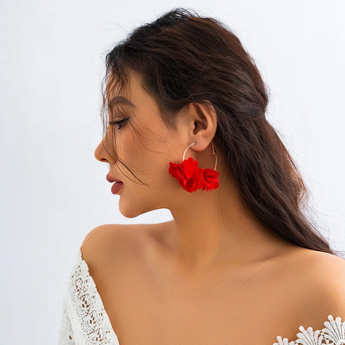 Geometric Fabric Flower Chunky Hoop Earrings