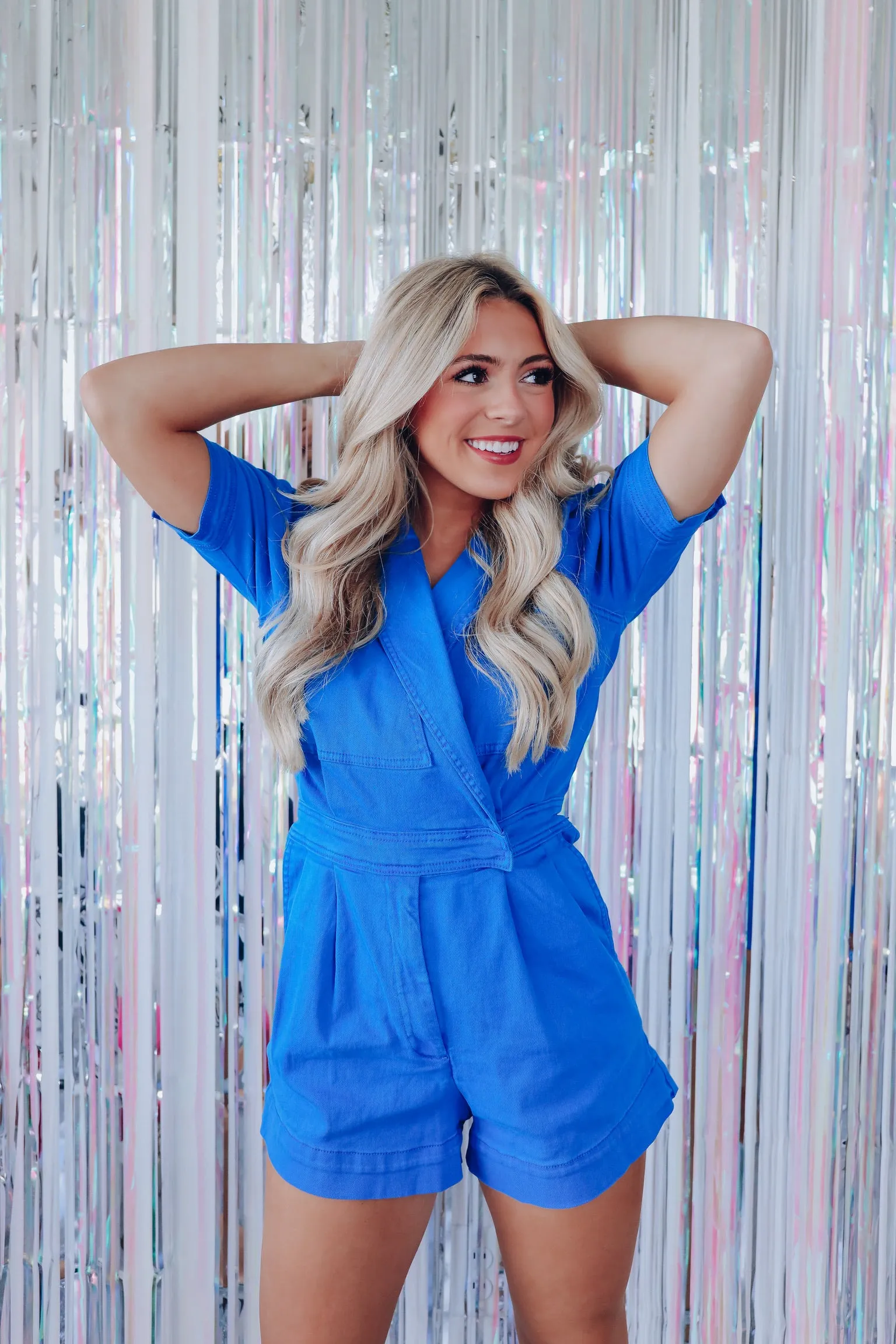 Go All-In Vibrant Surplice Denim Romper - Blue