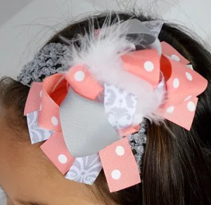 Gray Damask and Coral 5.5-6in Boutique Bow