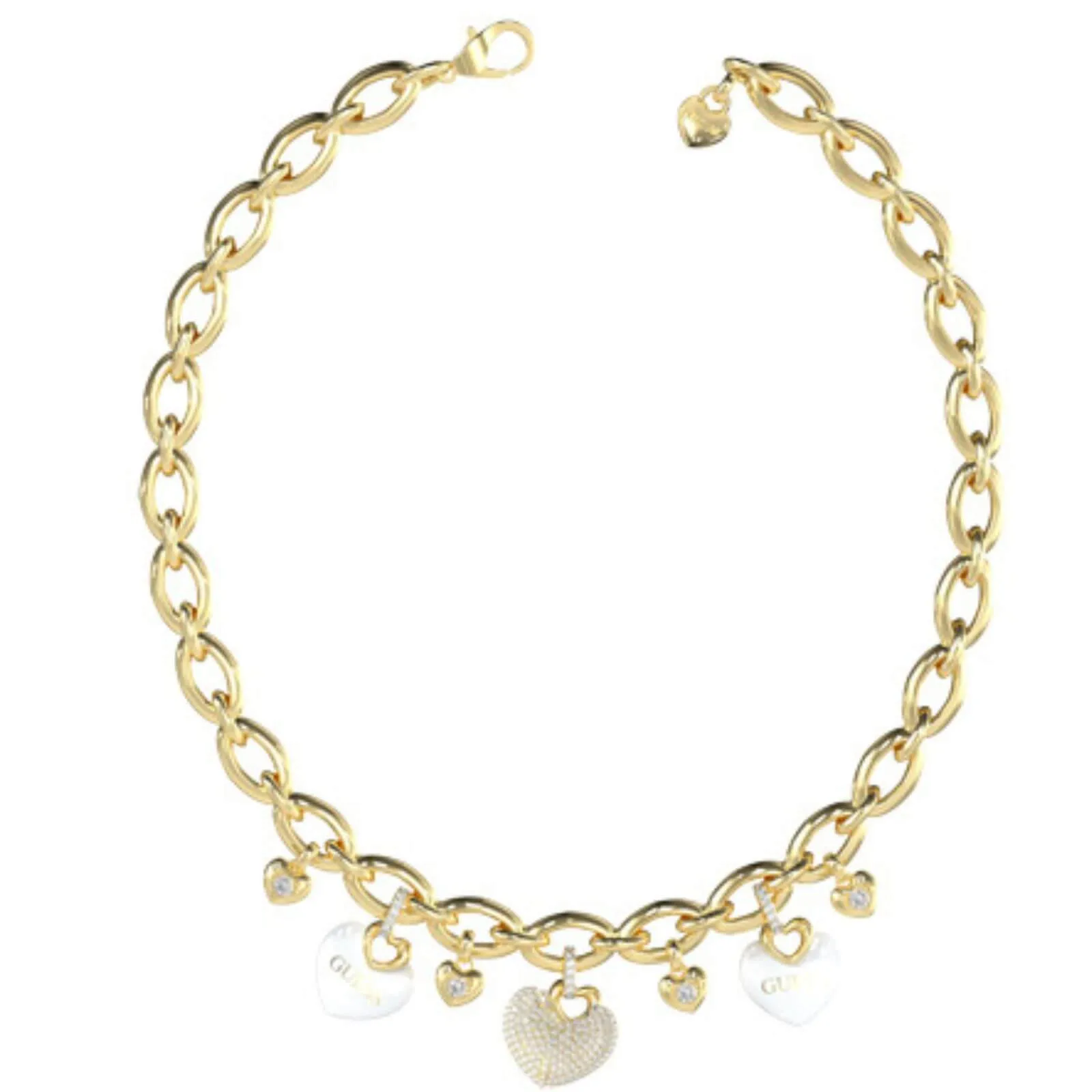 Guess Gold Crazy In Love White Enamel Heart Chunky Link Necklace