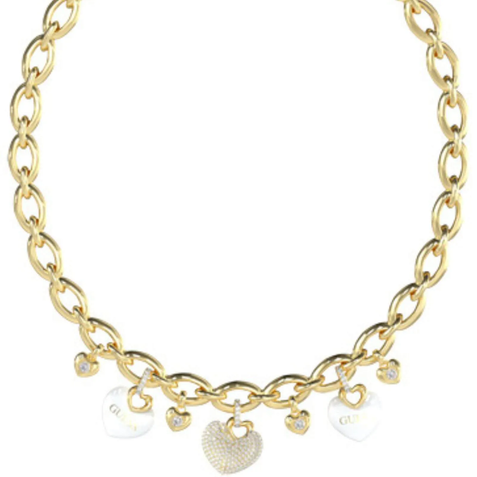 Guess Gold Crazy In Love White Enamel Heart Chunky Link Necklace