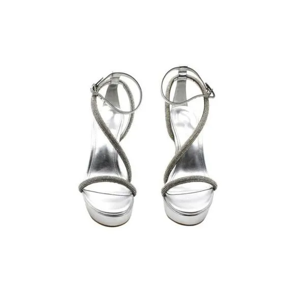 GUESS Womens Silver 1-1/2&quot; Platform Casidee Round Toe Stiletto Heeled Sandal 6 M