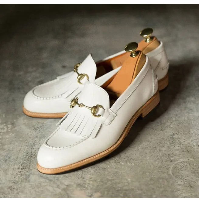 Handmade White Leather Fringe Shoes for Men