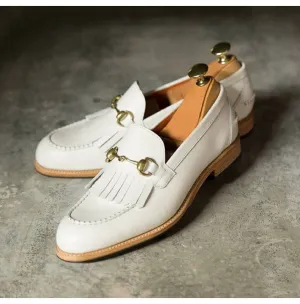 Handmade White Leather Fringe Shoes for Men