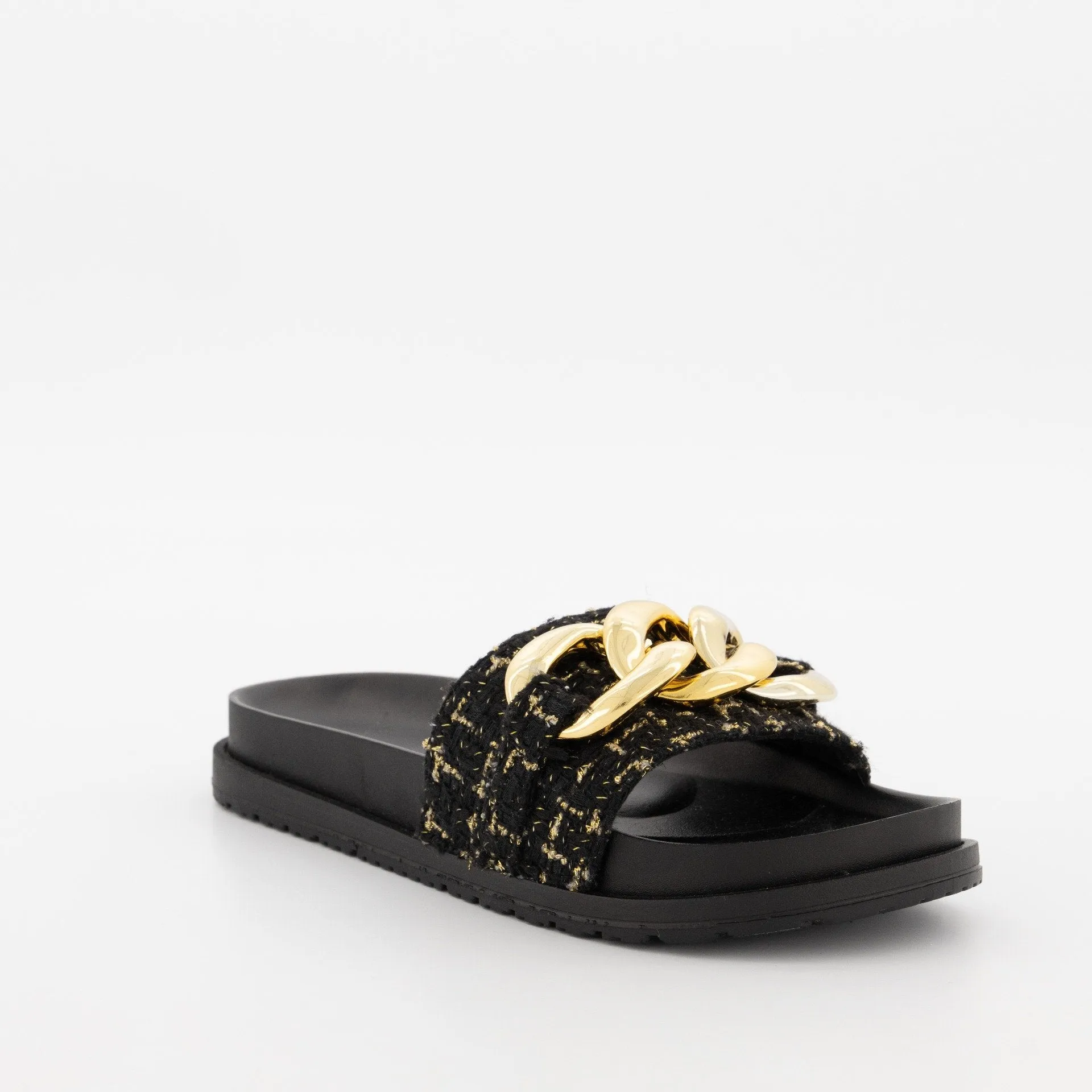 Ladies Tweed Chunky Chain Moulded Mule Slide - Black