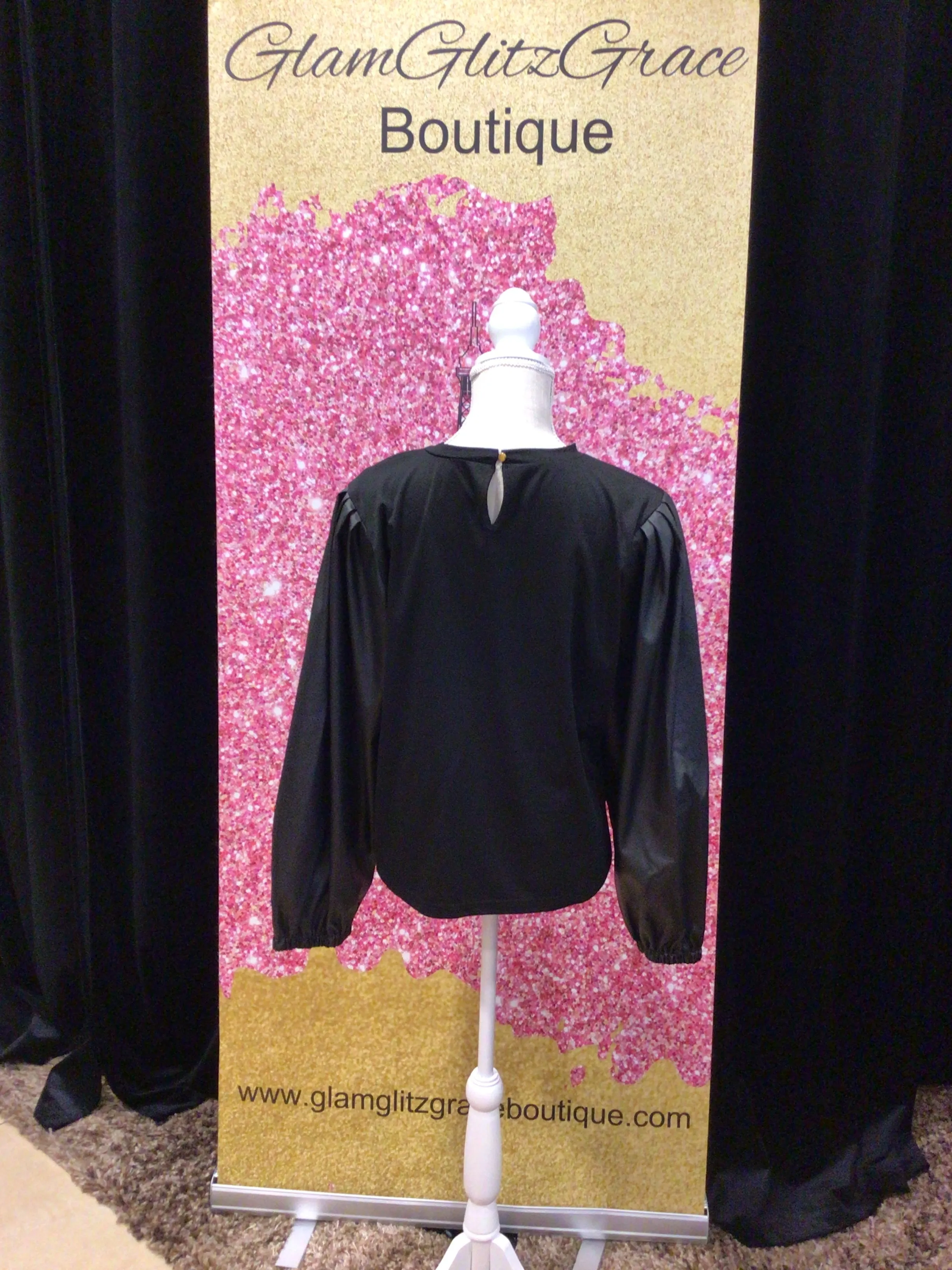 Leopard Heeled Rhinestone Faux Leather Sleeves Top