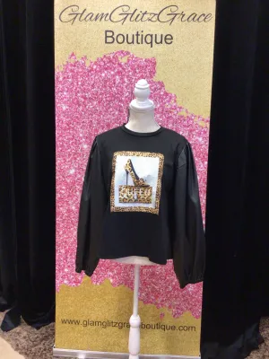 Leopard Heeled Rhinestone Faux Leather Sleeves Top
