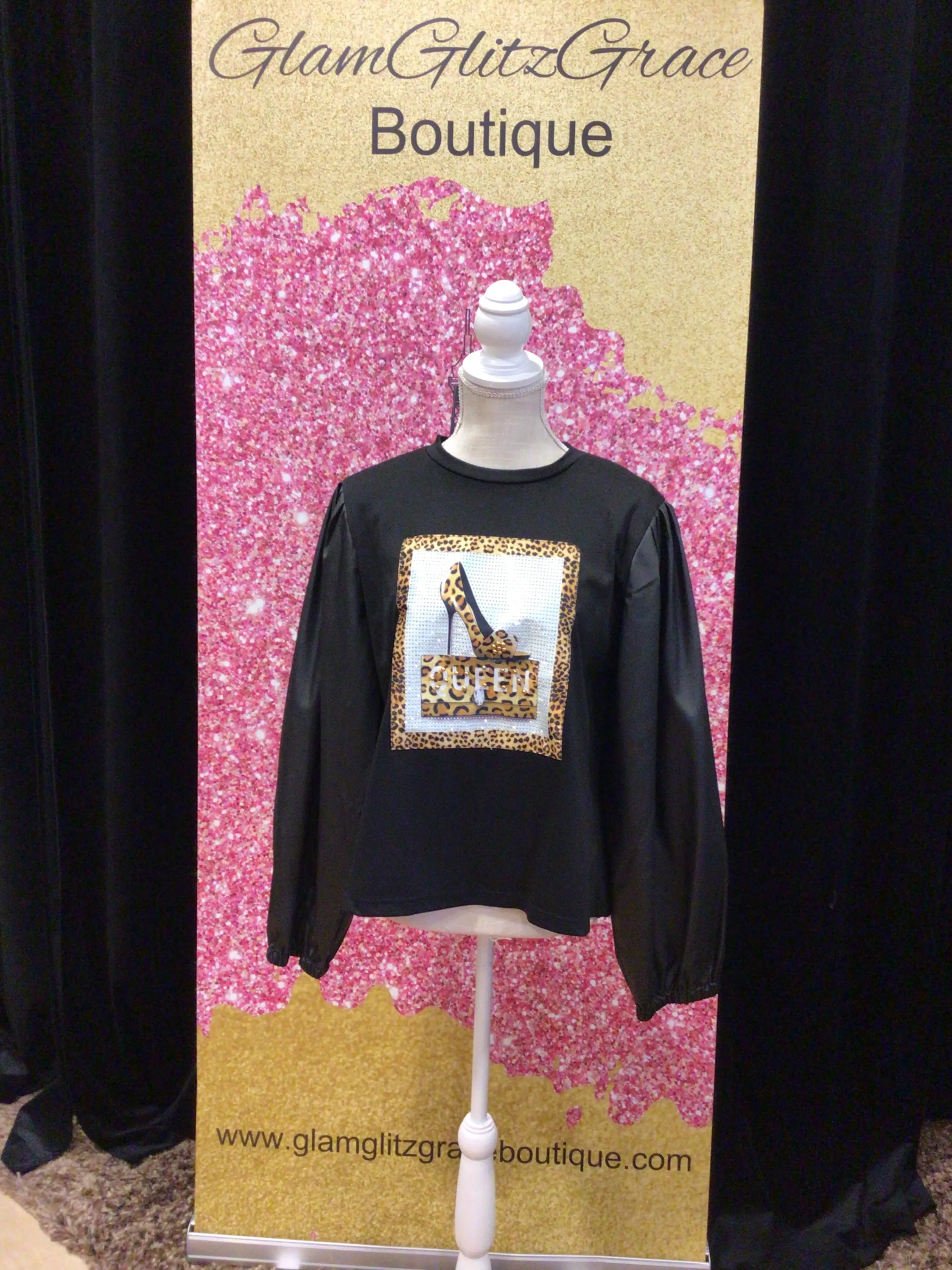 Leopard Heeled Rhinestone Faux Leather Sleeves Top