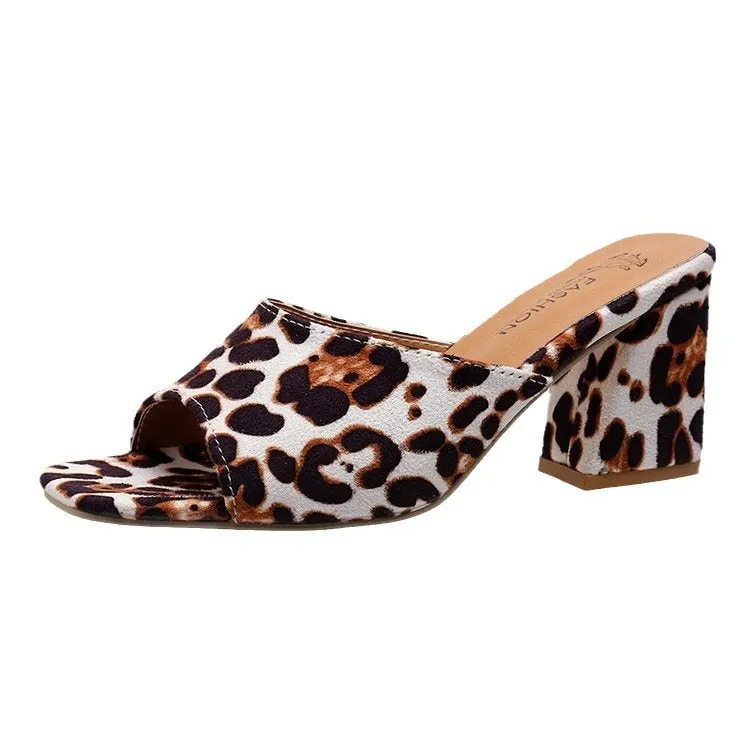 Leopard Square Toe Sandals, Summer High-heeled Slippers, Chunky Heel Shoes for Women