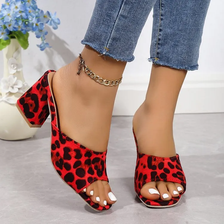Leopard Square Toe Sandals, Summer High-heeled Slippers, Chunky Heel Shoes for Women