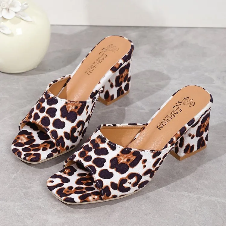 Leopard Square Toe Sandals, Summer High-heeled Slippers, Chunky Heel Shoes for Women