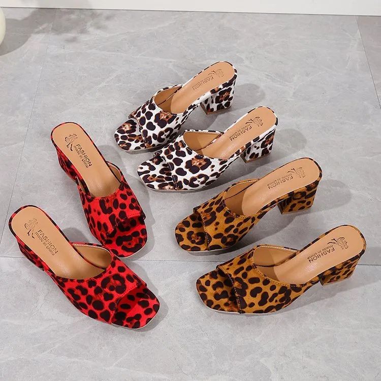 Leopard Square Toe Sandals, Summer High-heeled Slippers, Chunky Heel Shoes for Women