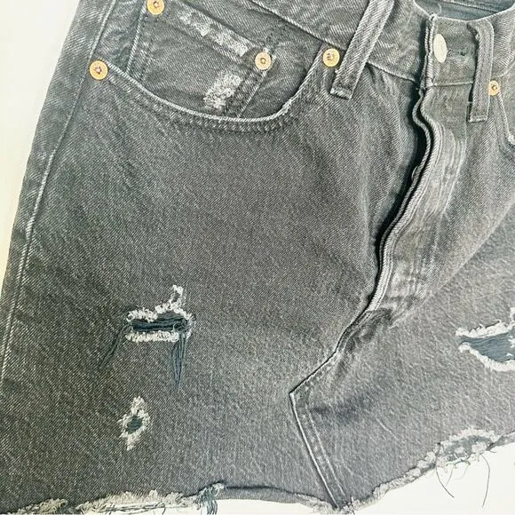 LEVIS REVOLVE Black Distressed Raw Hem Button Fly Pockets ALine Mini Skirt 26