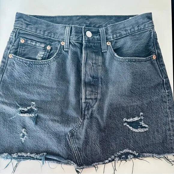 LEVIS REVOLVE Black Distressed Raw Hem Button Fly Pockets ALine Mini Skirt 26