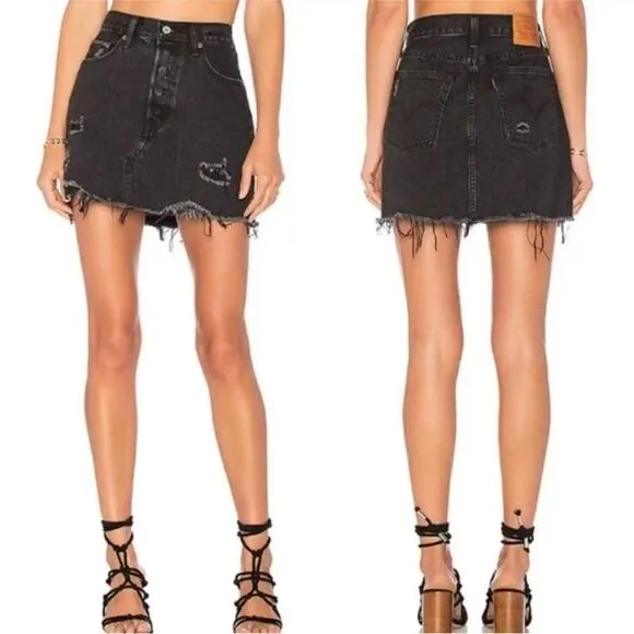LEVIS REVOLVE Black Distressed Raw Hem Button Fly Pockets ALine Mini Skirt 26