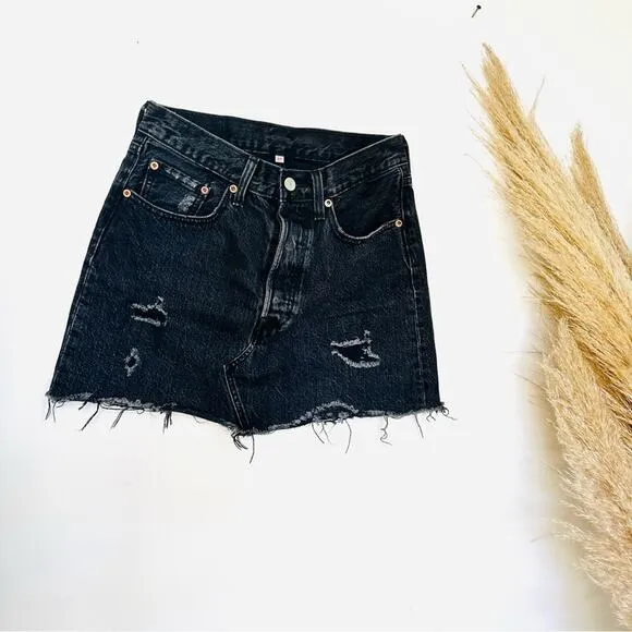 LEVIS REVOLVE Black Distressed Raw Hem Button Fly Pockets ALine Mini Skirt 26