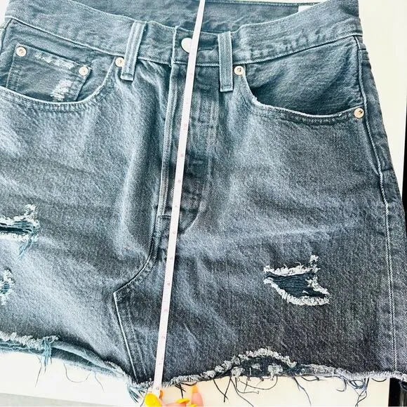 LEVIS REVOLVE Black Distressed Raw Hem Button Fly Pockets ALine Mini Skirt 26
