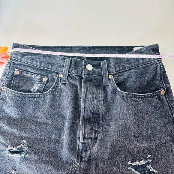 LEVIS REVOLVE Black Distressed Raw Hem Button Fly Pockets ALine Mini Skirt 26