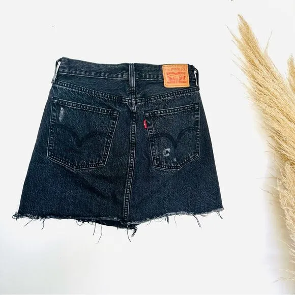 LEVIS REVOLVE Black Distressed Raw Hem Button Fly Pockets ALine Mini Skirt 26