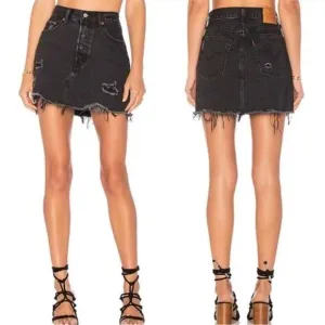 LEVIS REVOLVE Black Distressed Raw Hem Button Fly Pockets ALine Mini Skirt 26