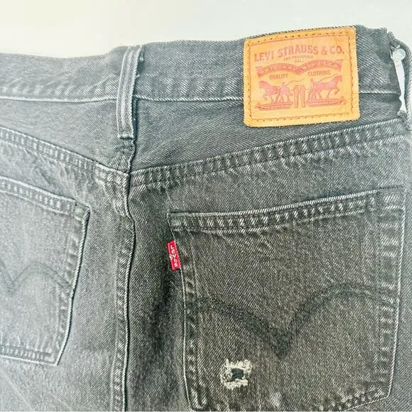 LEVIS REVOLVE Black Distressed Raw Hem Button Fly Pockets ALine Mini Skirt 26