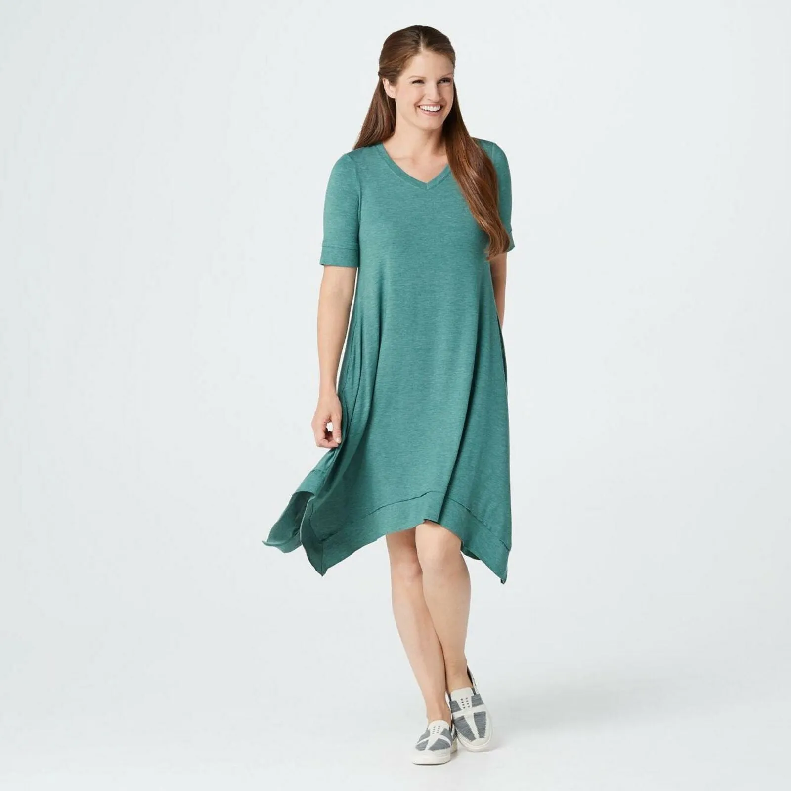 LOGO by Lori Goldstein Handkerchief Hem Jersey Knit Dress Soft Teal XL