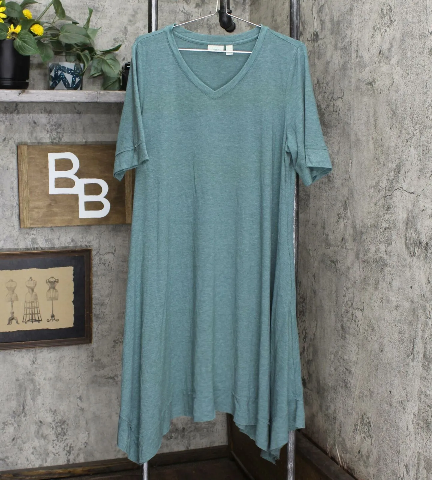 LOGO by Lori Goldstein Handkerchief Hem Jersey Knit Dress Soft Teal XL