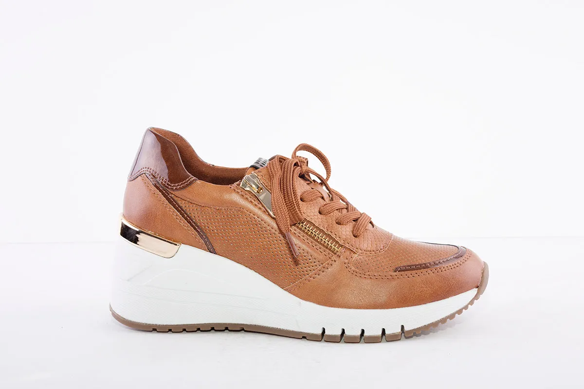 MARCO TOZZI - 23787 LACED WEDGE FASHION SHOE WITH ZIP - TAN