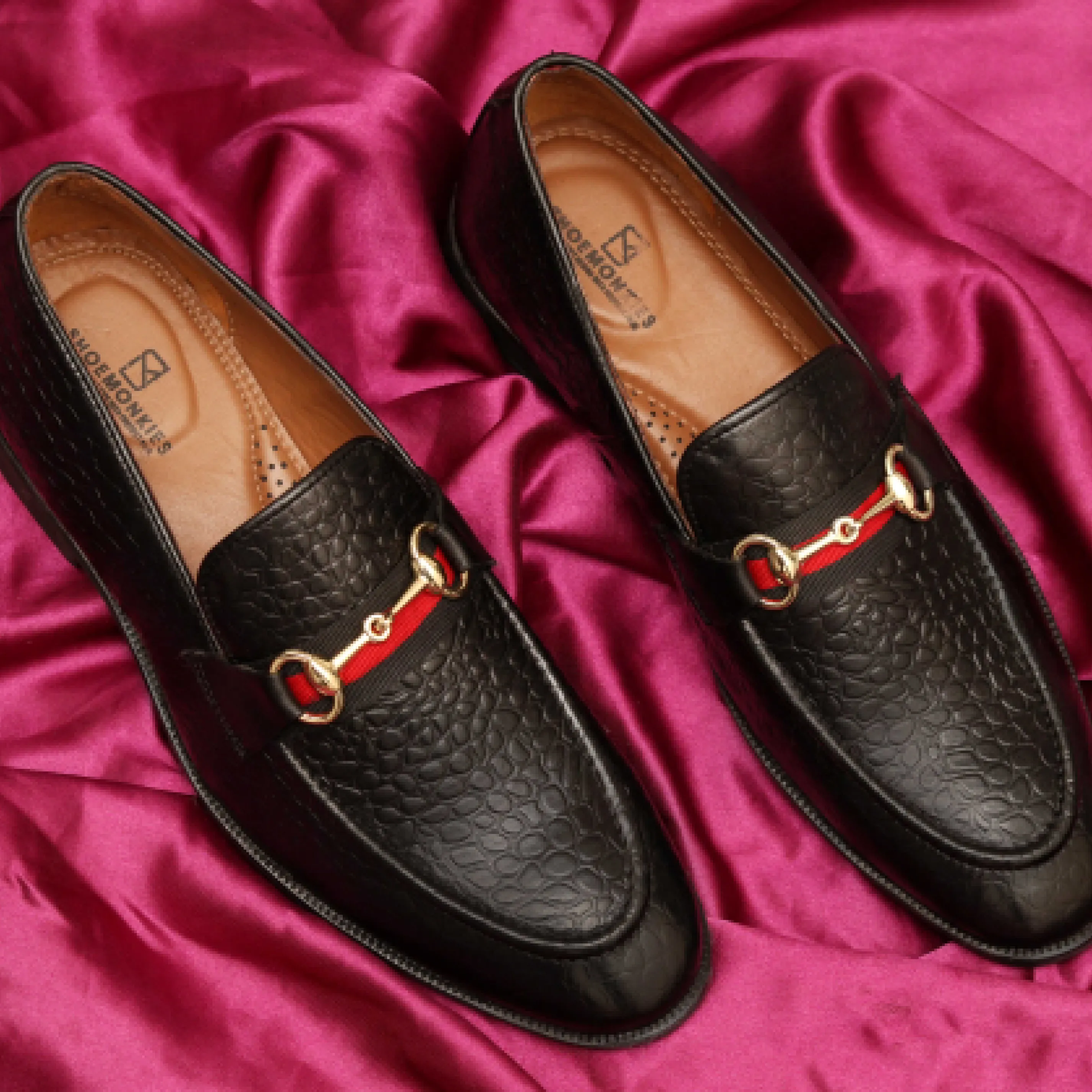 Men's Textured Buckle Moccasin Loafers - Tan, Cherry & Black